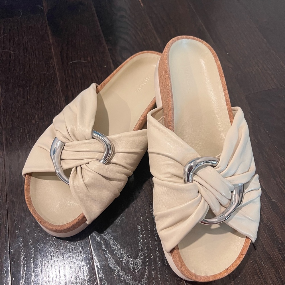 Vince Cream and Tan Slide Sandals
